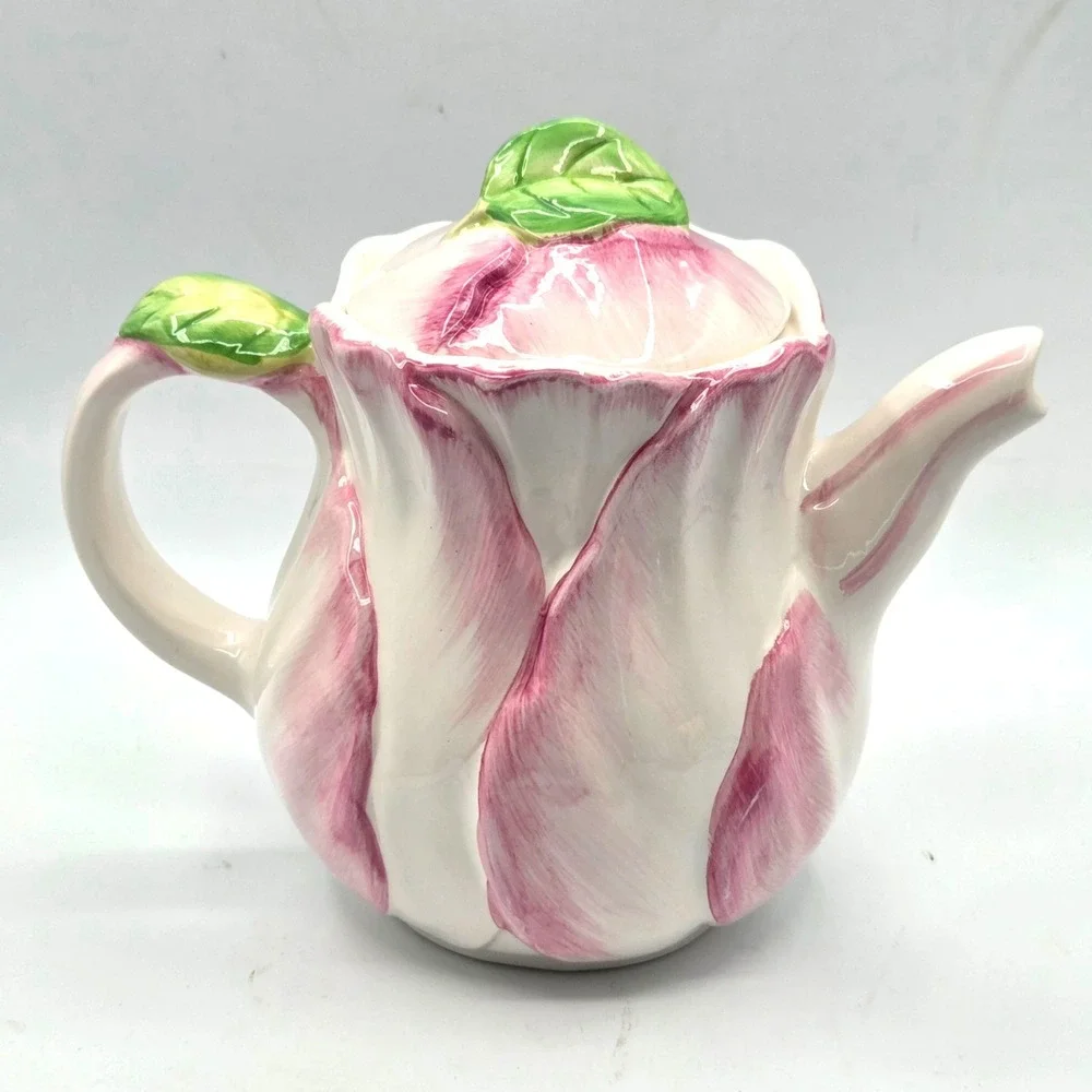 VINTAGE 1992 Pink Tulip Teapot The Bombay Company Spring‎ Blossoms COTTAGE Y2K
